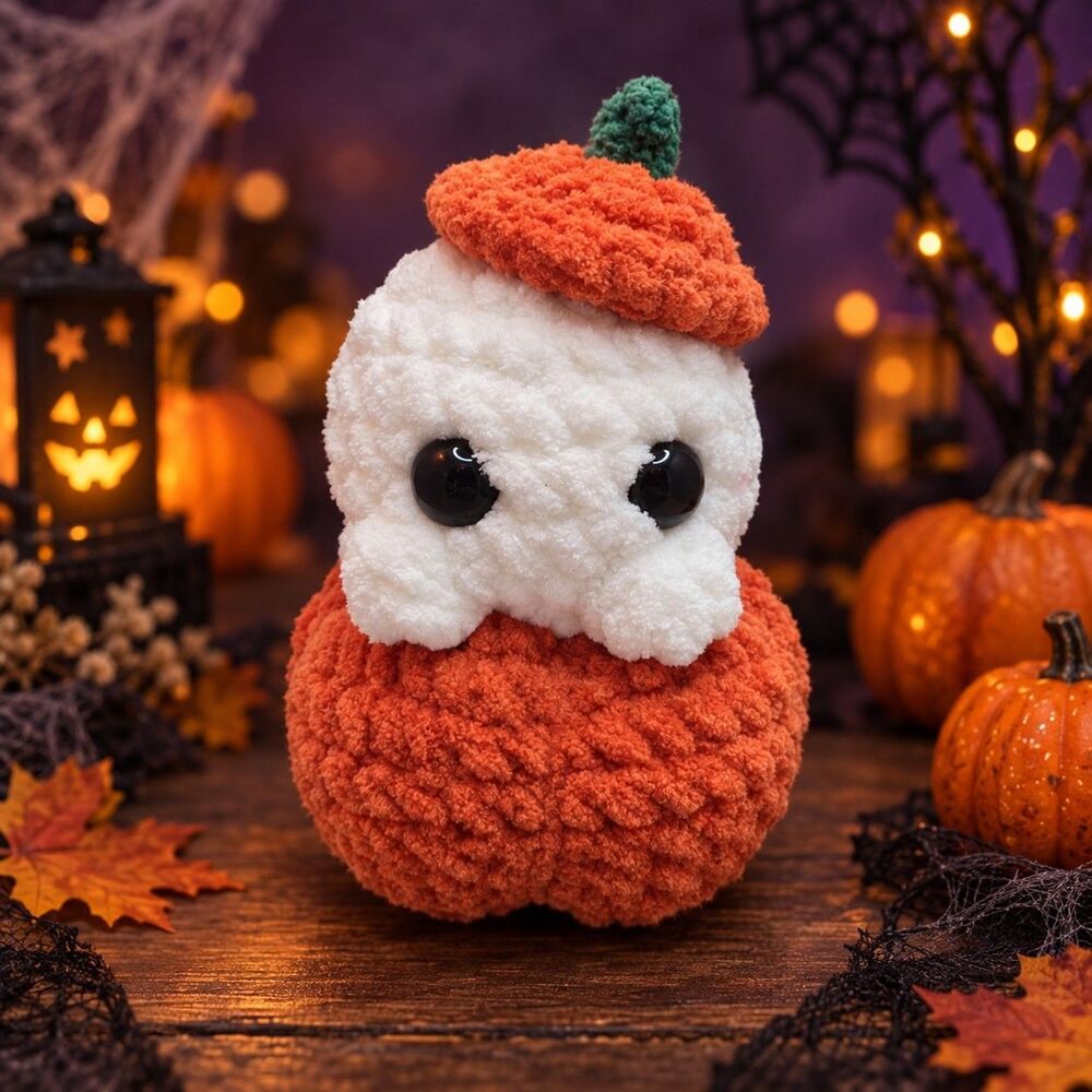 New Handmade Crochet Ghost on Pumpkin Plush Halloween Amigurumi 6" Cute Kawaii